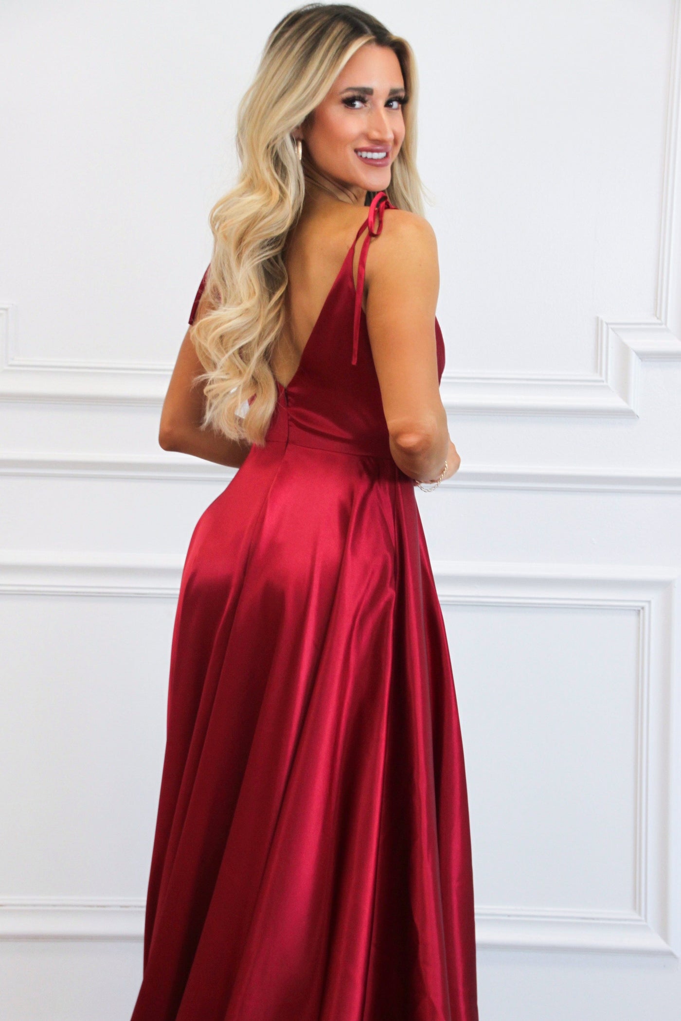 Born to Love You Satin Slit Formal Dress: Burgundy - Bella and Bloom Boutique