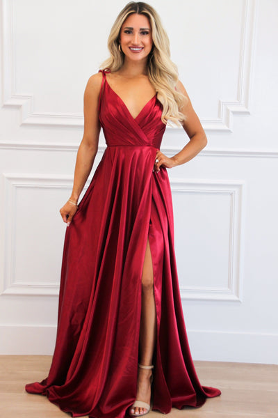 Born to Love You Satin Slit Formal Dress: Burgundy - Bella and Bloom Boutique