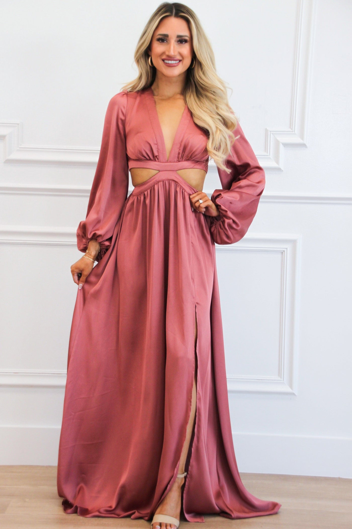 Carlton Cutout Satin Maxi Dress: Mauve - Bella and Bloom Boutique