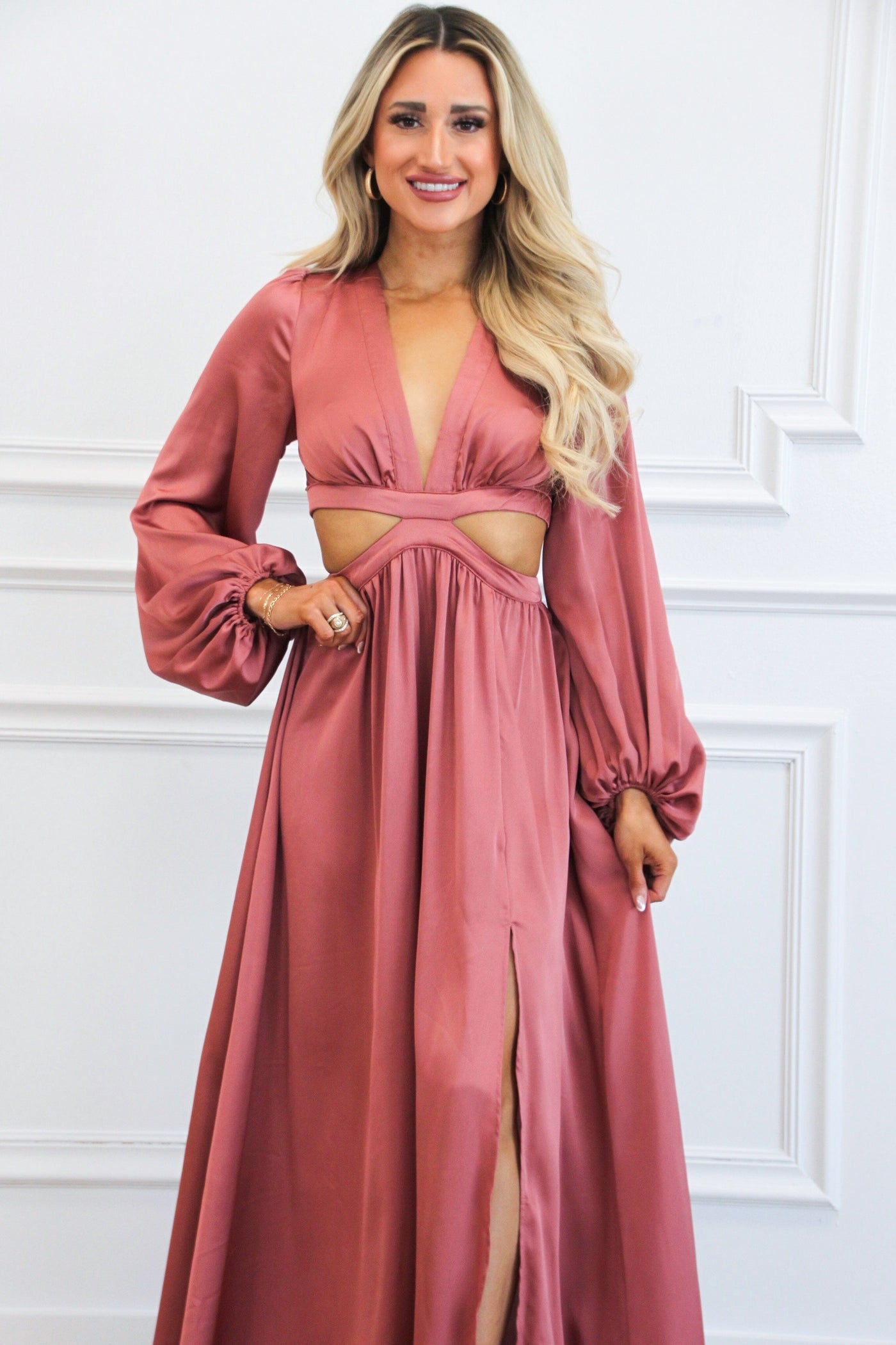 Carlton Cutout Satin Maxi Dress: Mauve - Bella and Bloom Boutique