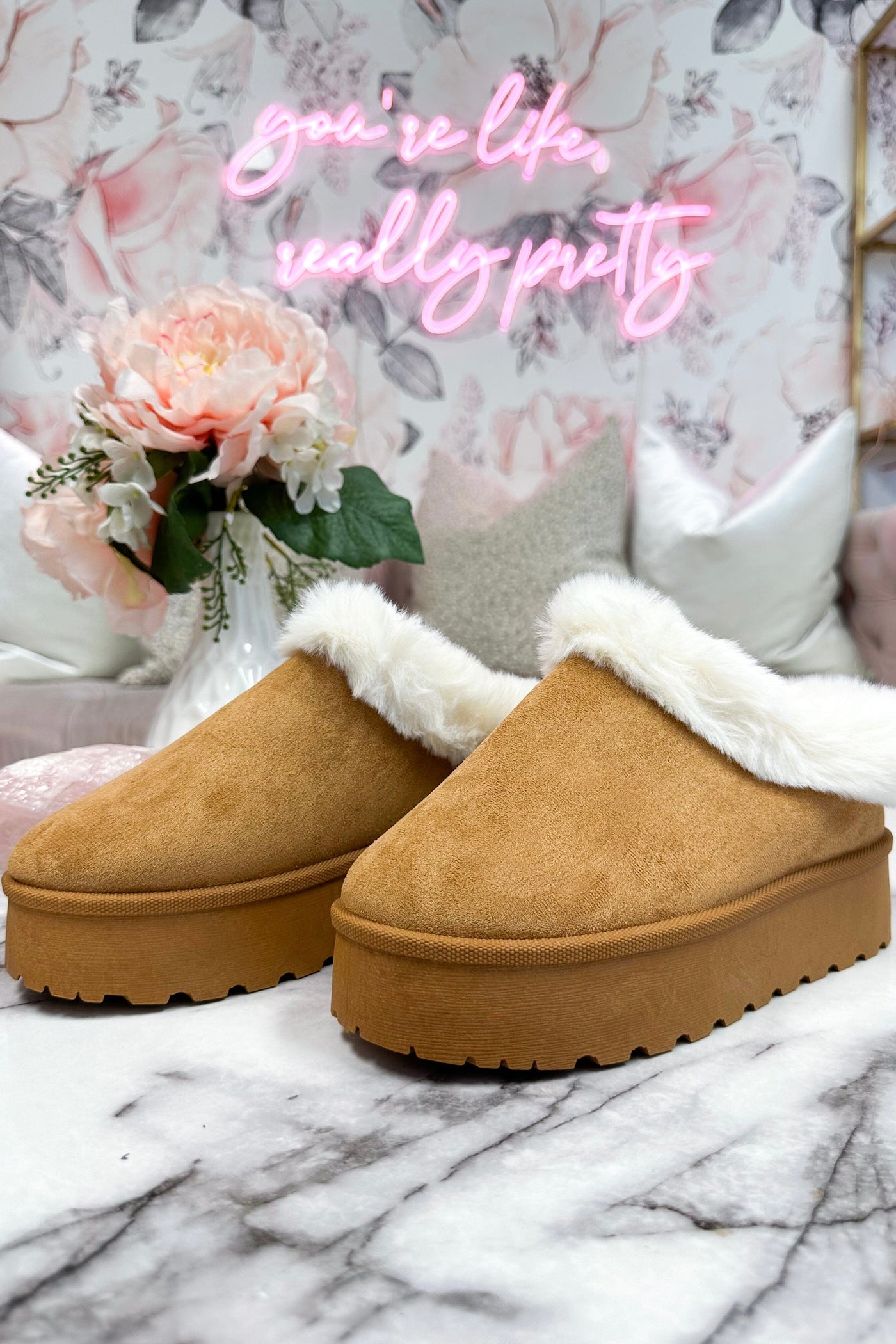 Brigham Fur Lined Platform Clog Slides: Tan - Bella and Bloom Boutique