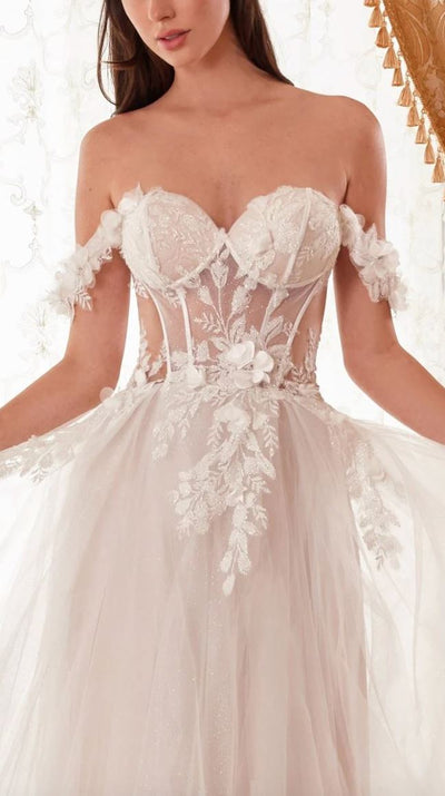 Nova Off Shoulder Bustier Floral Applique Tulle Wedding Dress: French White - Bella and Bloom Boutique