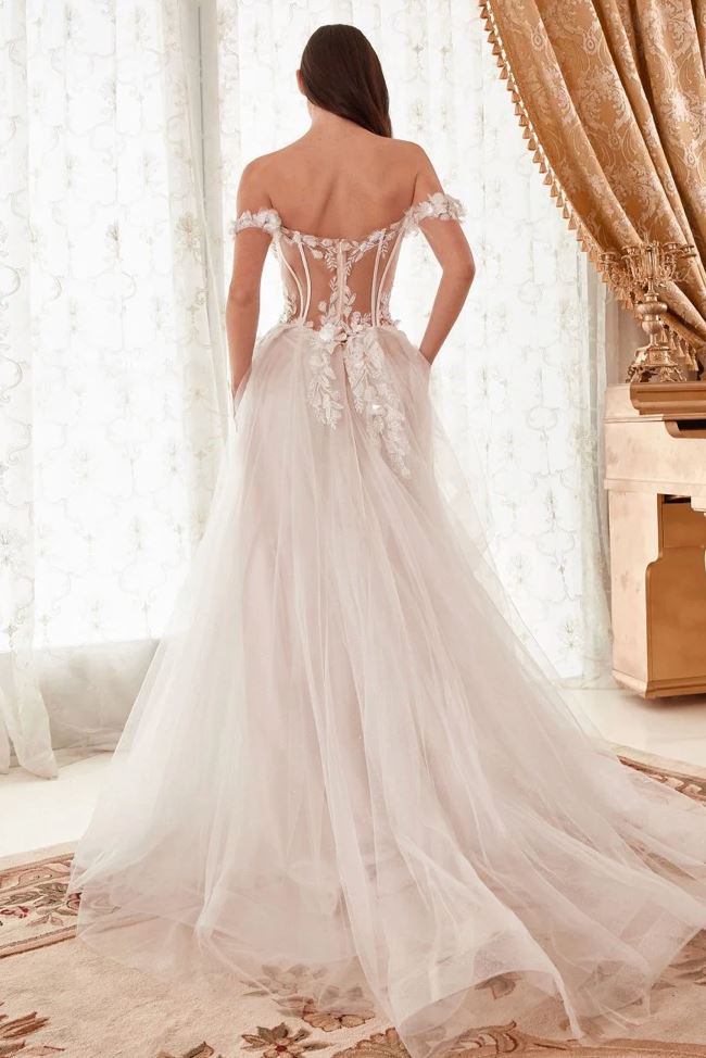 Bella and Bloom Boutique - Nova Off Shoulder Floral Applique Tulle Wedding Dress: French White 6 / White Bella and Bloom Boutique - Nova Off Shoulder Floral Applique Tulle Wedding Dress: French White 6 / White