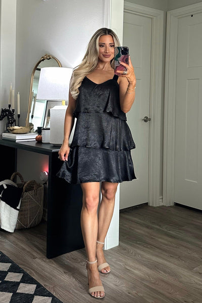 Tiered to Perfection Satin Dress: Black - Bella and Bloom Boutique