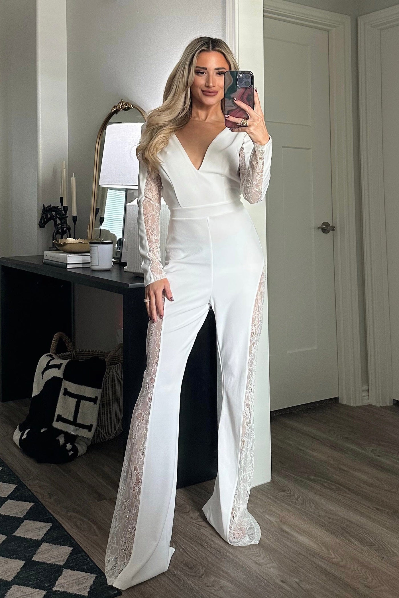 Jenna Embellished Lace Long Sleeve Jumpsuit: White Bottoms Bella and Bloom Boutique 