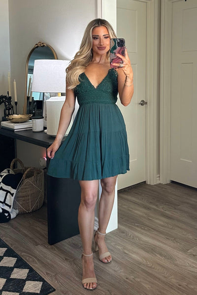 Eva Lace Open Back Dress: Hunter Green - Bella and Bloom Boutique