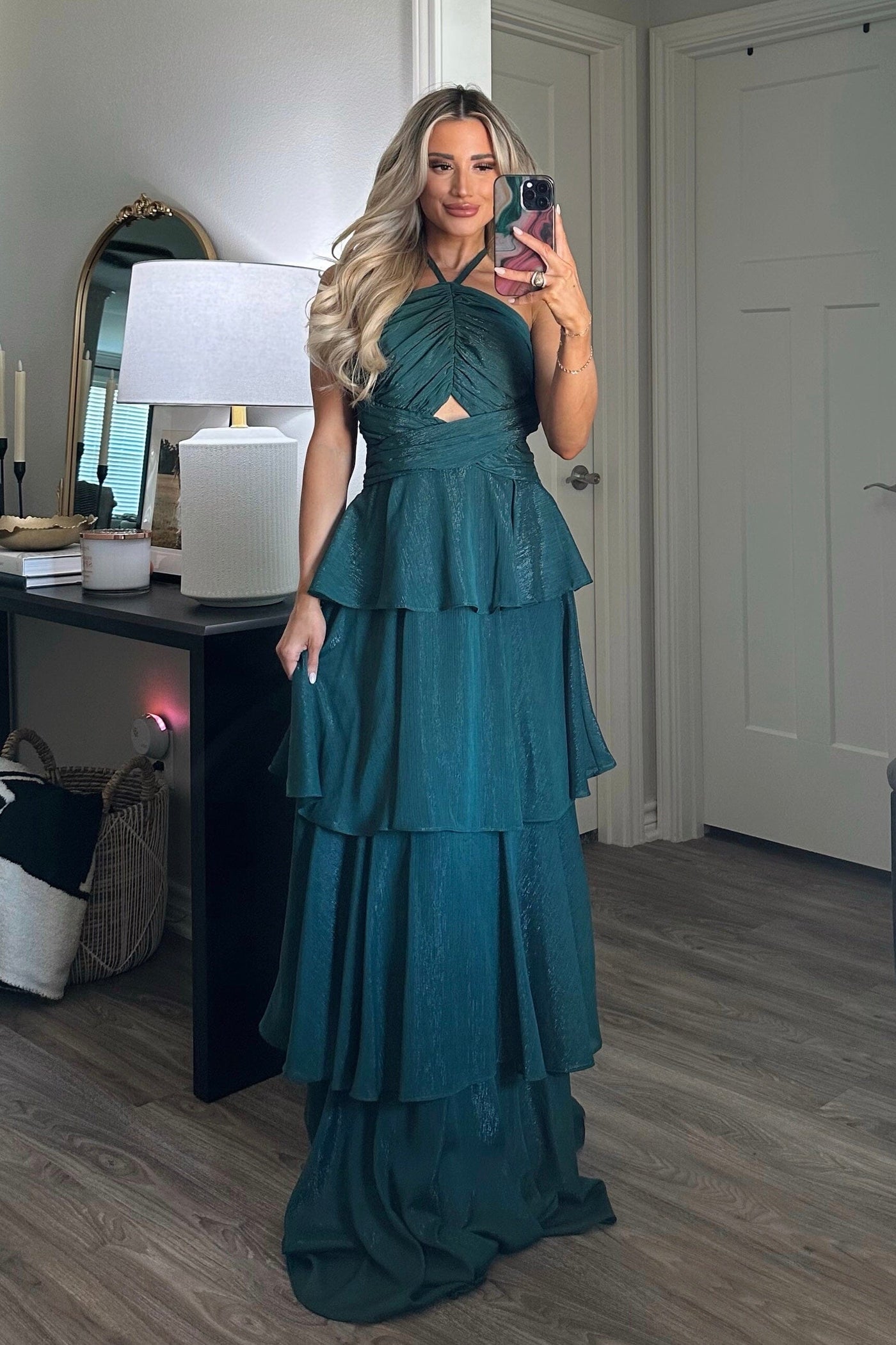 Gabriela High Neck Tiered Ruffle Shimmer Maxi Dress: Hunter Green Gabriela High Neck Tiered Ruffle Shimmer Maxi Dress: Hunter Green
