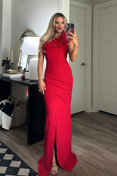 Courtland Ruffle One Shoulder Maxi Dress: Red - Bella and Bloom Boutique