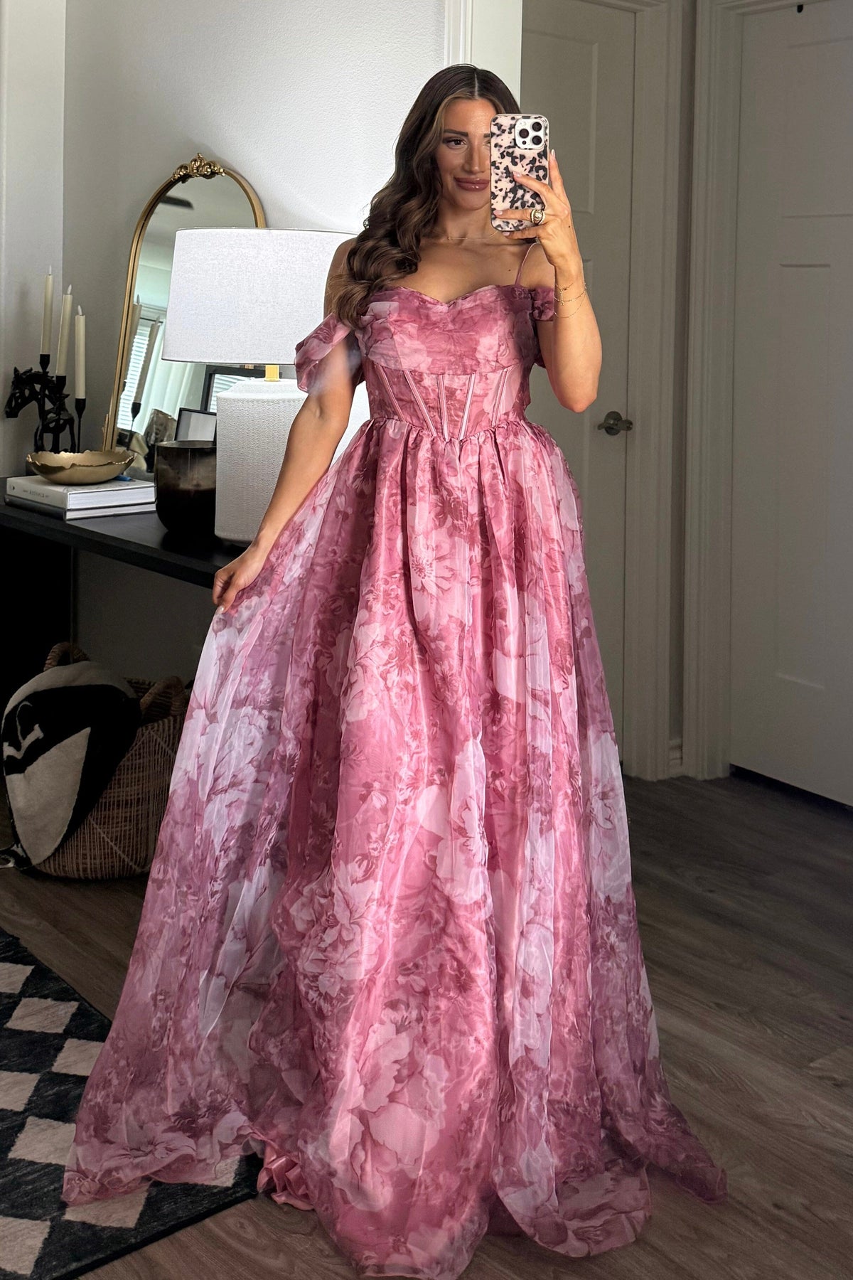 Garden Wedding Organza Off Shoulder Floral Maxi Dress: Mauve Small / Mauve