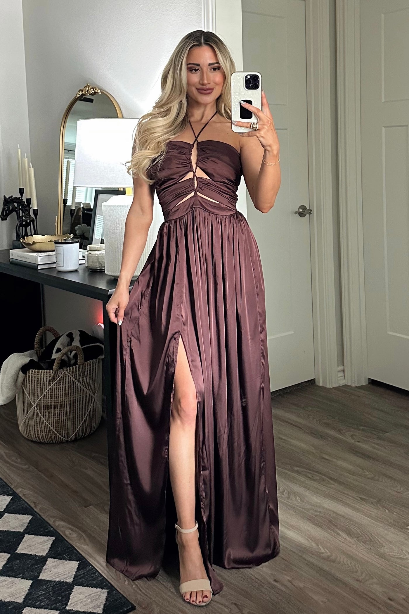 Make it Known Satin Maxi Dress: Chocolate