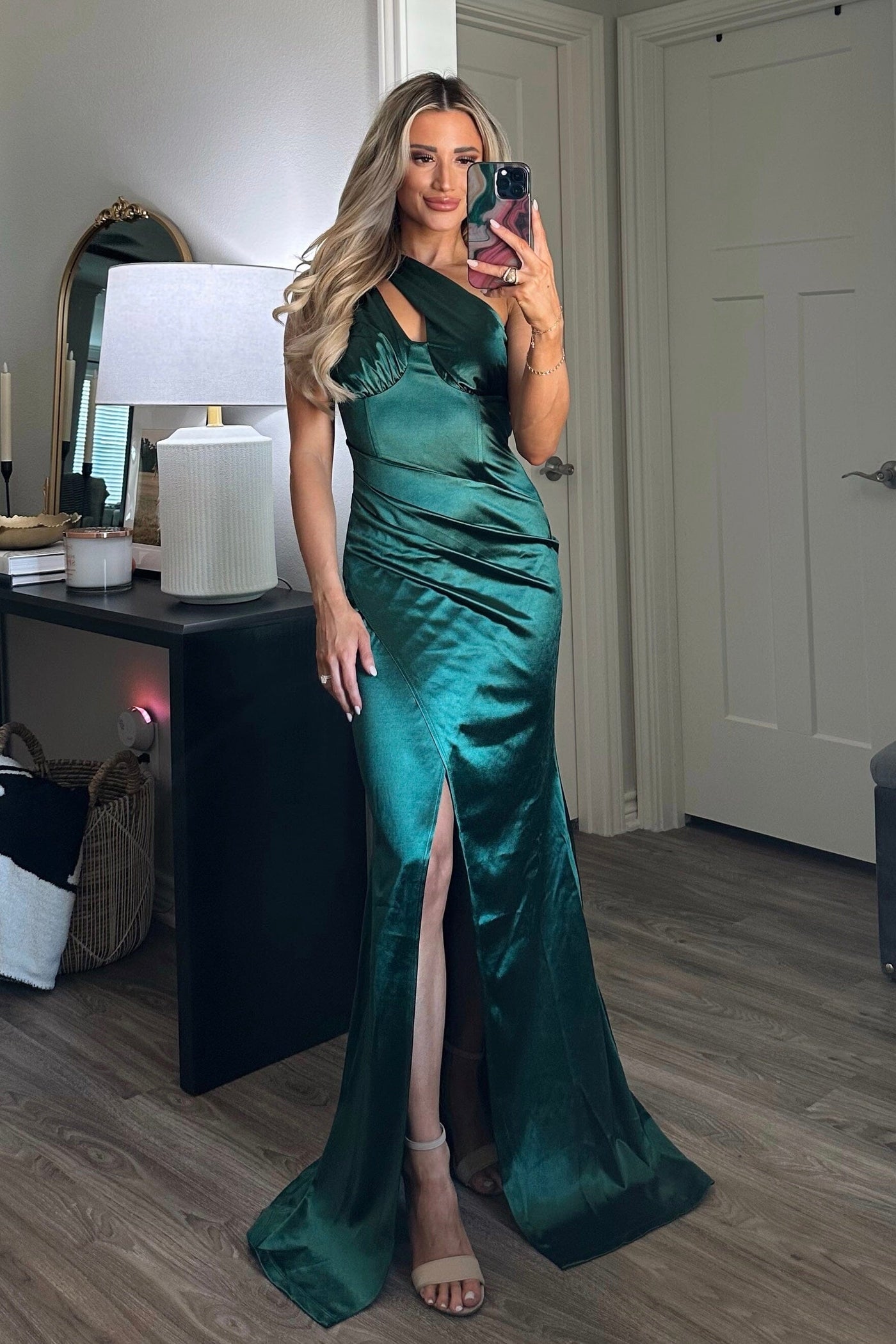 Lasting Lover Satin One Shoulder Maxi Dress: Emerald - Bella and Bloom Boutique