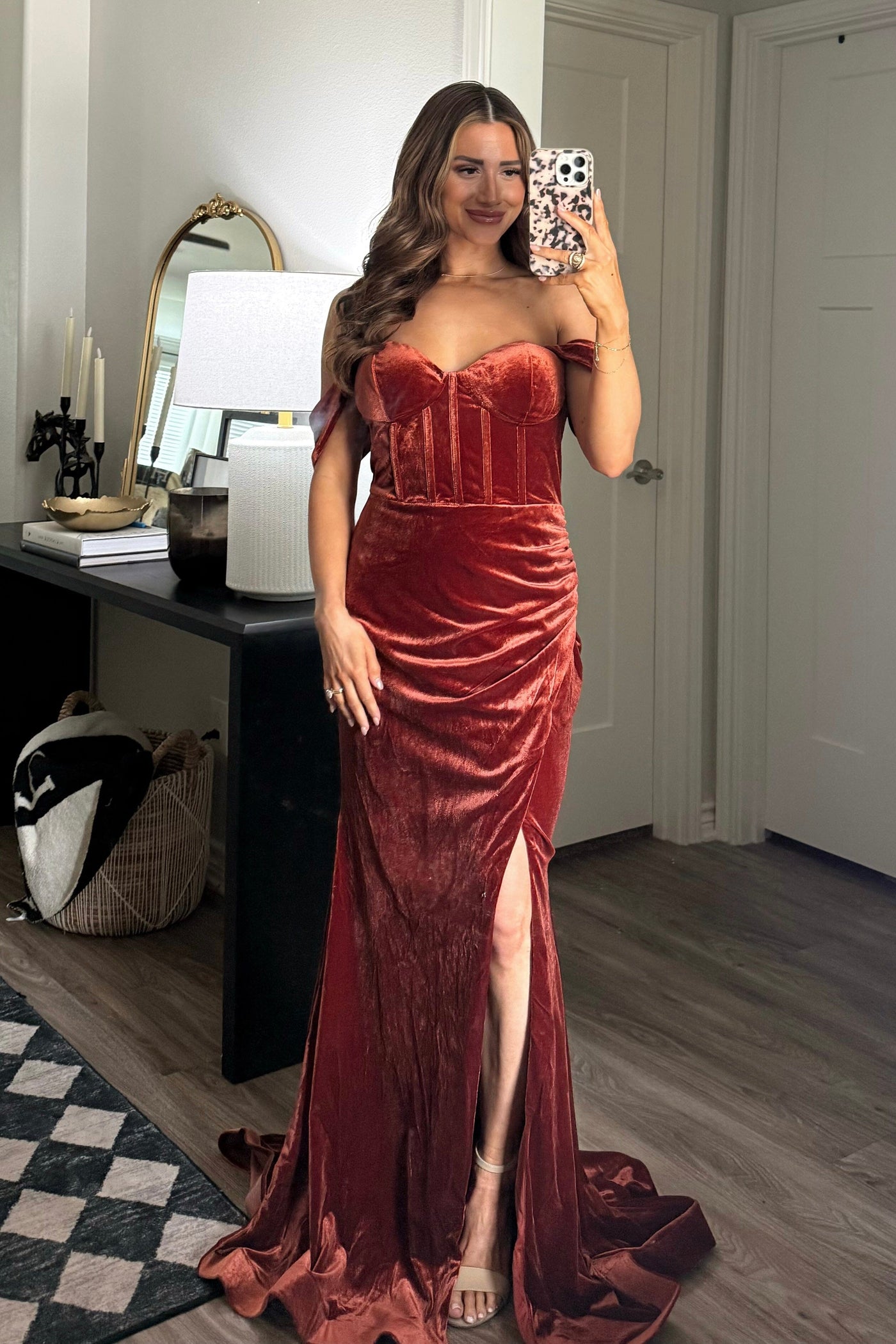 Winona Velvet Bustier Off Shoulder Maxi Dress: Terracotta RUST XL / RUST