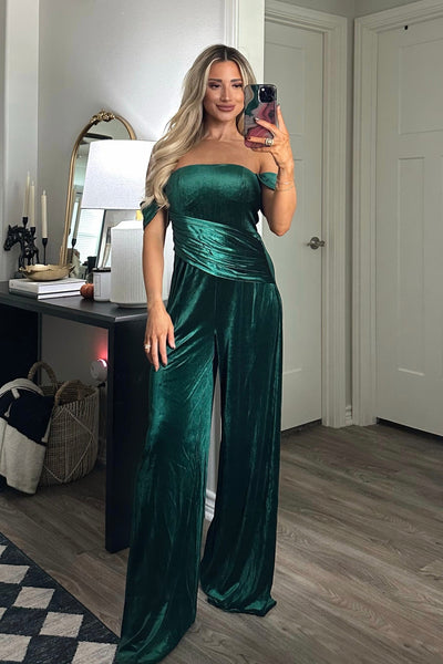 Tara Off Shoulder Velvet Jumpsuit: Emerald - Bella and Bloom Boutique