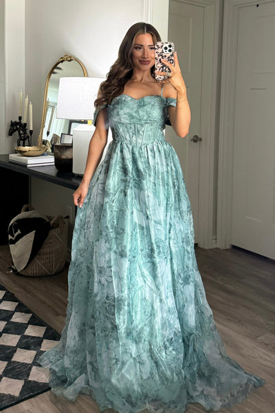 maxi dress for garden wedding Garden Wedding Organza Off Shoulder Floral Maxi Dress: SAGE Large / SAGE