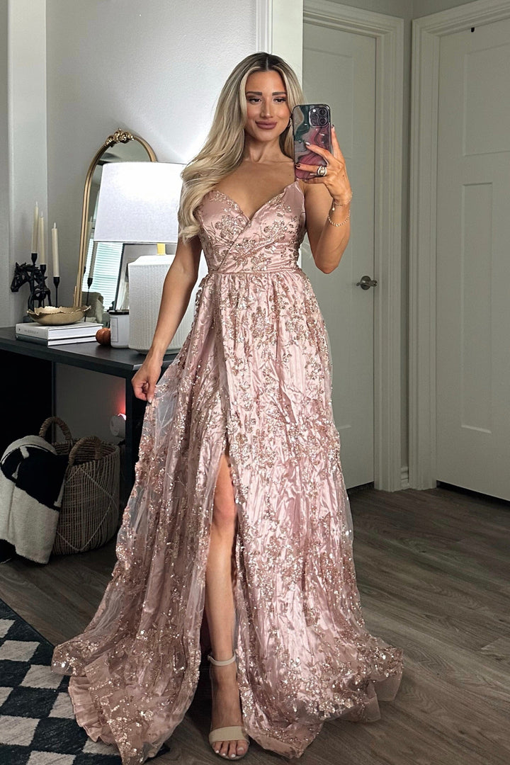 green emerald velvet dress Holiday Affair Sparkly Open Back Maxi Dress: Rose Gold