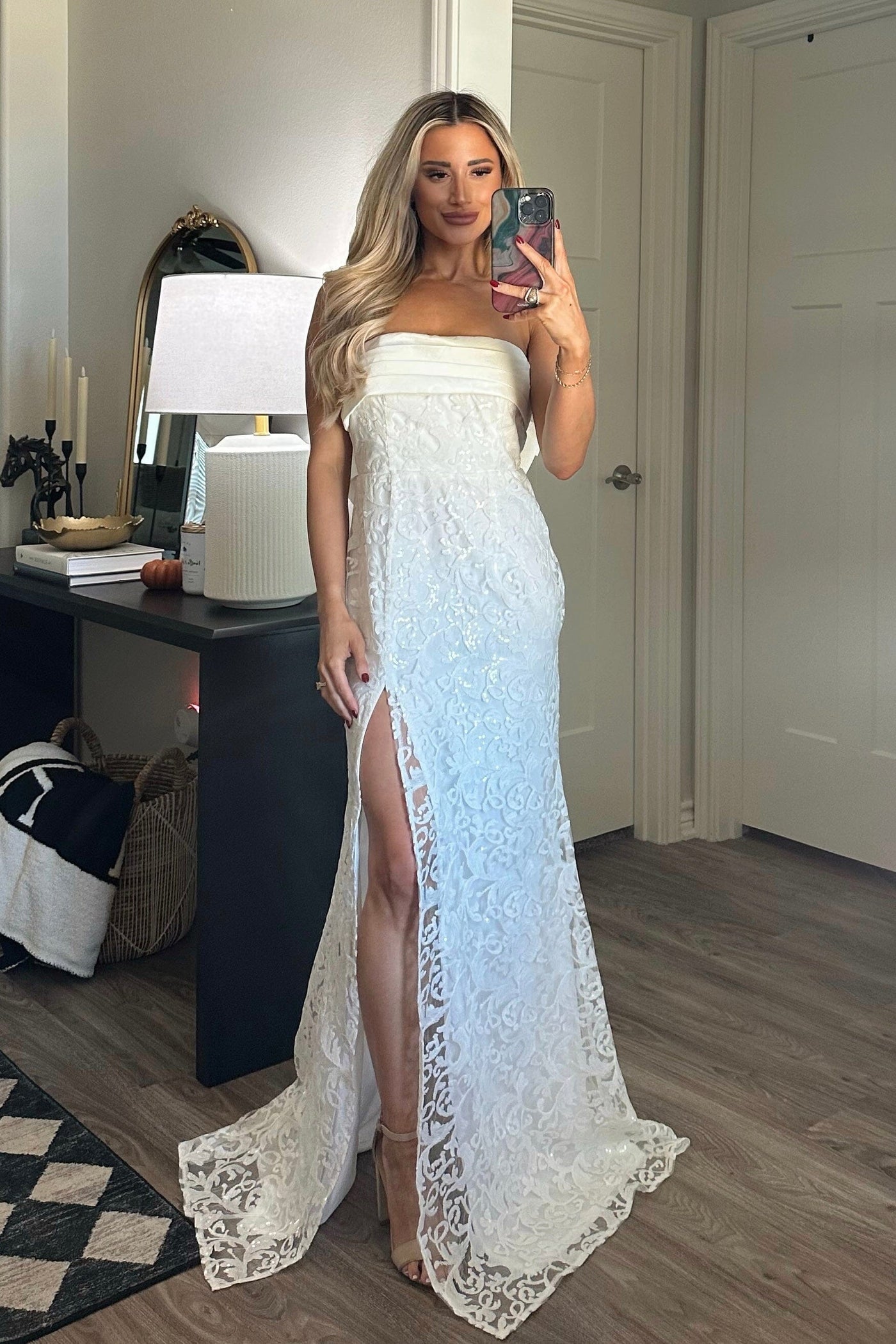 Hello Lover Bow Back Shimmer Lace Maxi Dress: White - Bella and Bloom Boutique