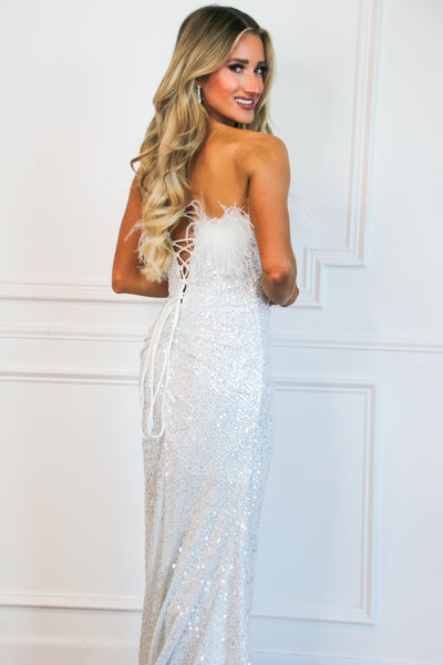 Ready to Party Strapless Sequin Feather Formal Dress: White/Silver - Bella and Bloom Boutique