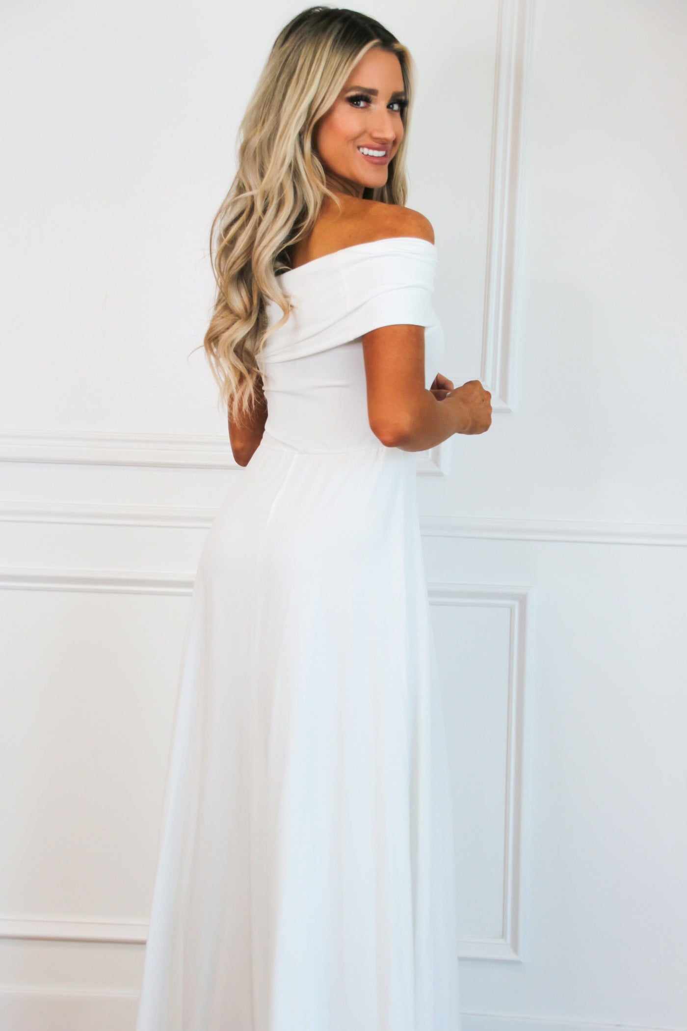 Calia Off Shoulder Maxi Dress: White - Bella and Bloom Boutique