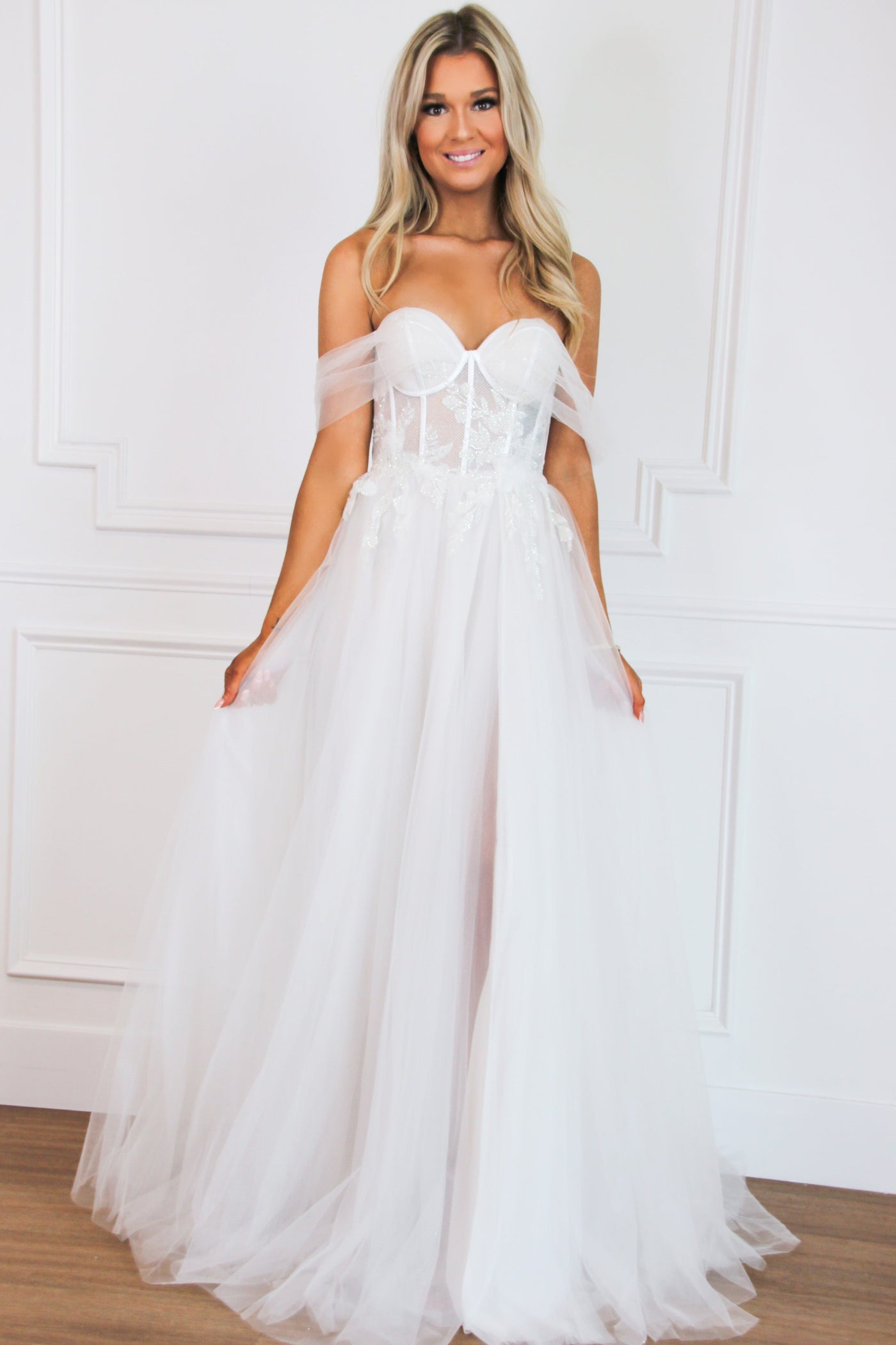 Valeria Off Shoulder Tulle Slit Wedding Dress: Off White - Bella and Bloom Boutique