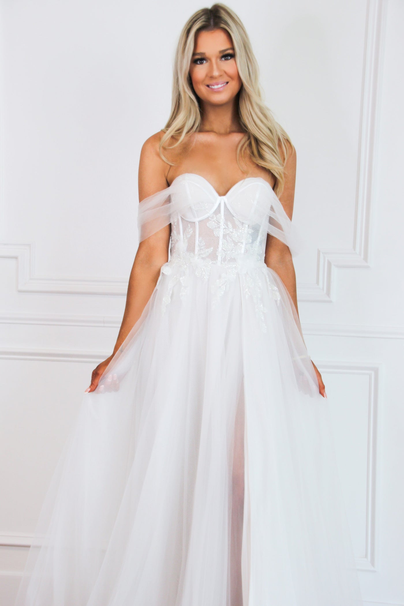 Elegant White Off Shoulder Wedding Ball Gown Prom Dress | LizProm