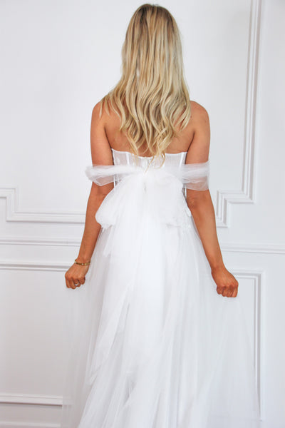 Valeria Off Shoulder Tulle Slit Wedding Dress: Off White - Bella and Bloom Boutique
