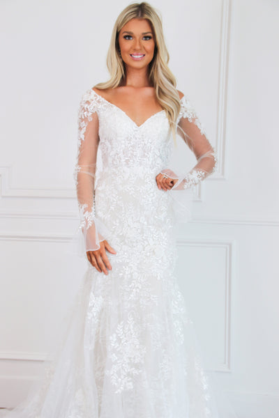 Giselle Floral Applique Long Sleeve Wedding Dress: Off White/Nude - Bella and Bloom Boutique