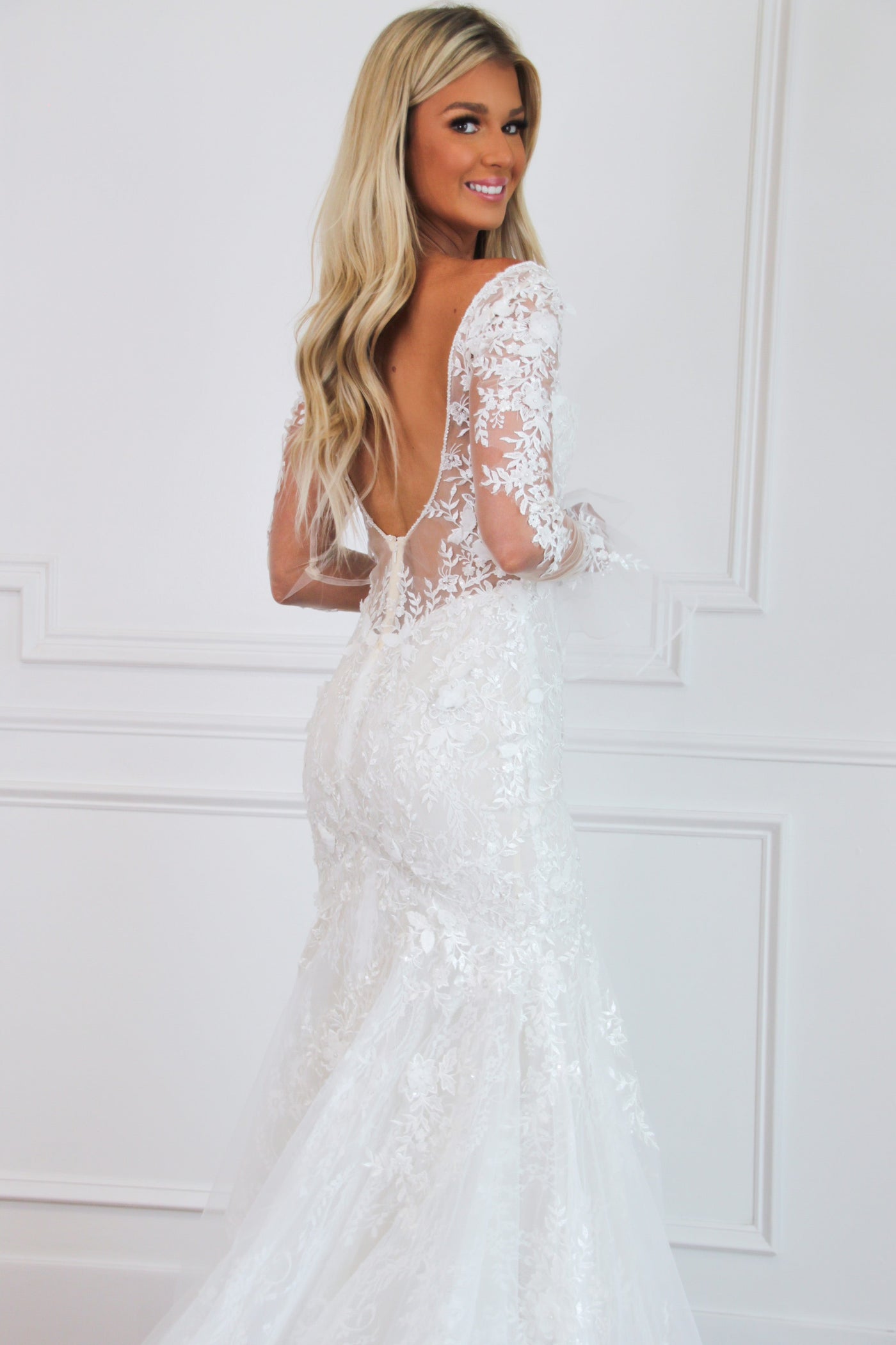 Giselle Floral Applique Long Sleeve Wedding Dress: Off White/Nude - Bella and Bloom Boutique