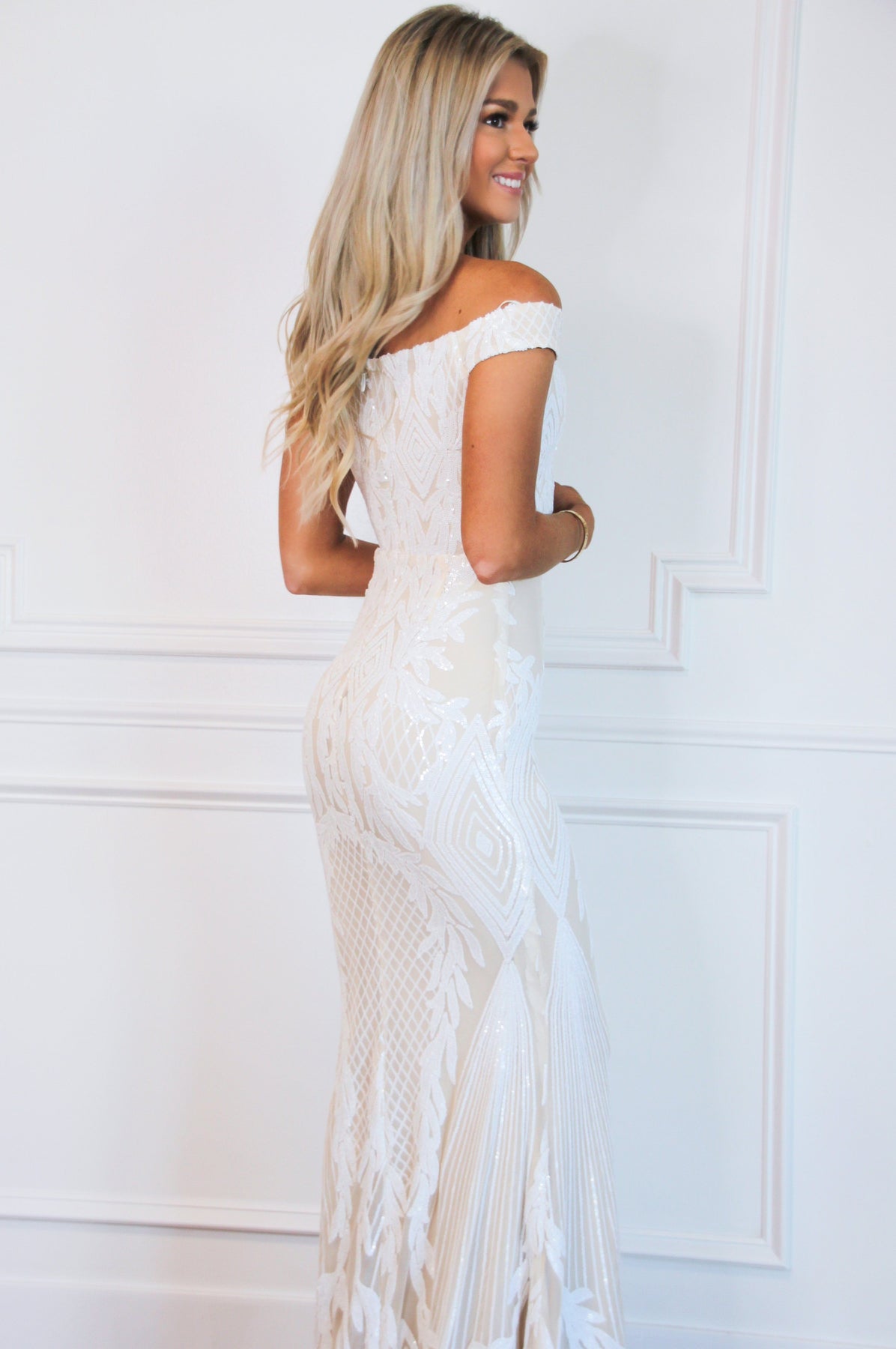Bella and Bloom Boutique - Have My Heart Sequin Maxi Dress: White/Nude