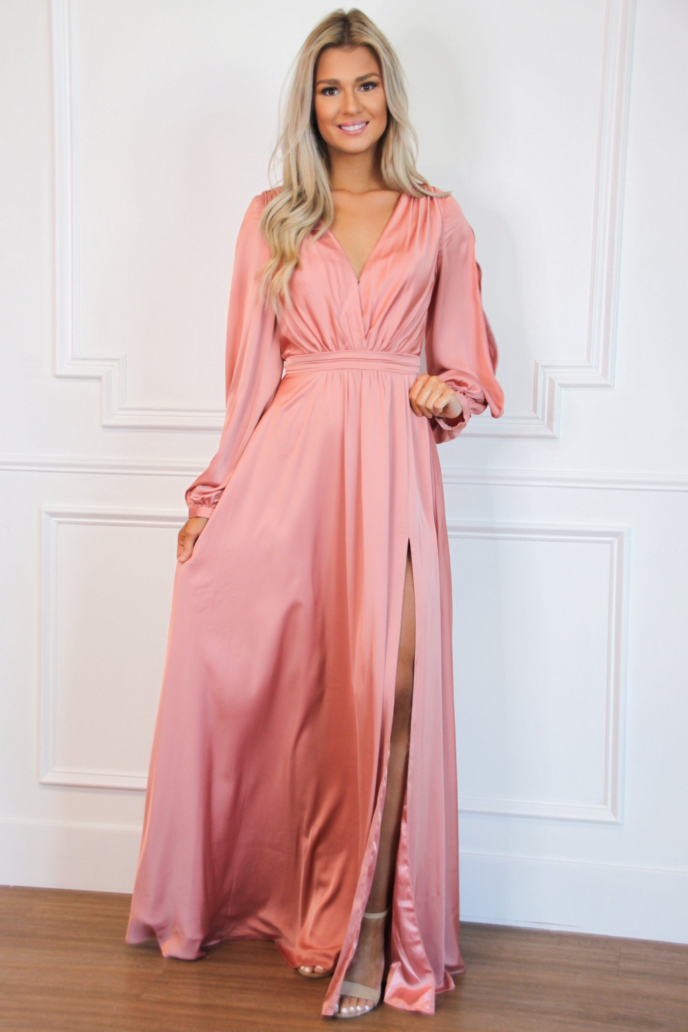 Scarlett Long Sleeve Slit Formal Dress: Spring Rose - Bella and Bloom Boutique