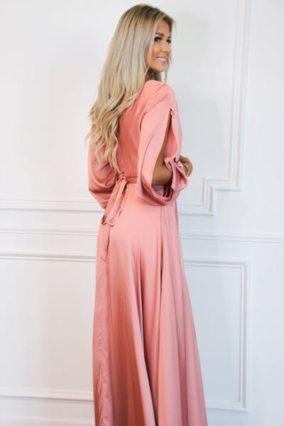 Scarlett Long Sleeve Slit Formal Dress: Spring Rose - Bella and Bloom Boutique
