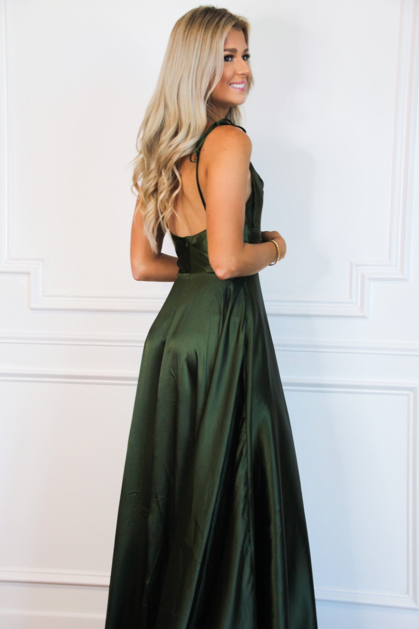 Bella and Bloom Boutique - Tonight's the Night Satin Formal Dress: Olive Bella and Bloom Boutique - Tonight's the Night Satin Formal Dress: Olive