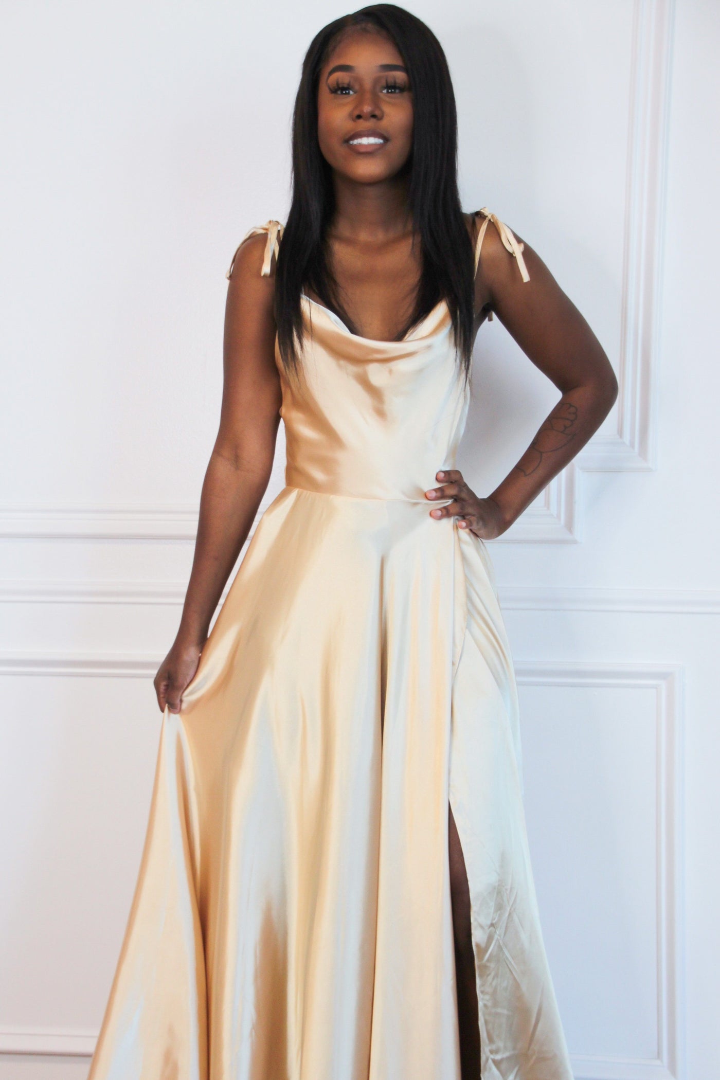 Envious Couture E1512Size 14 Ivory Gold Prom Dress Long Satin Plunging –  Glass Slipper Formals
