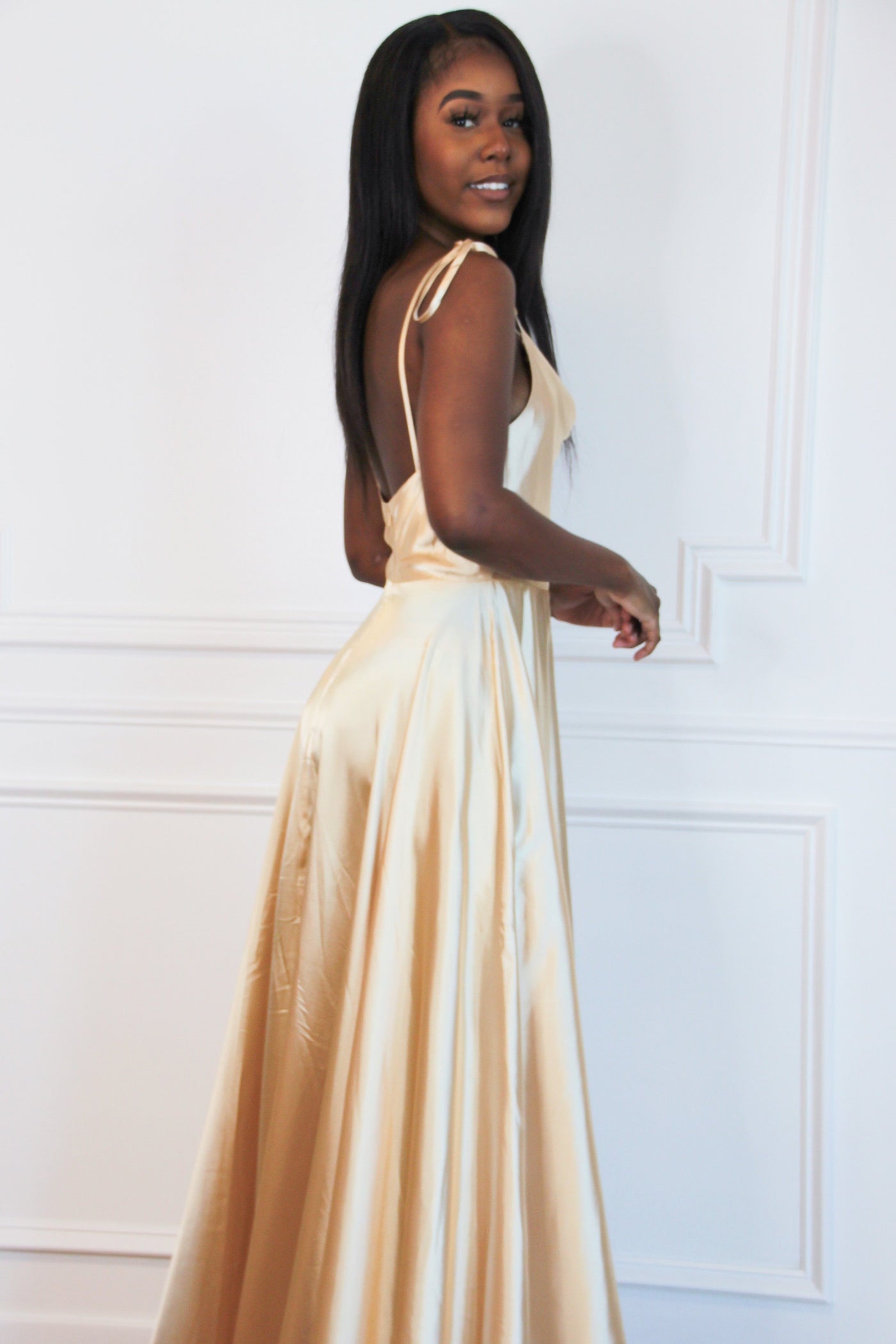 Tonight's the Night Satin Formal Dress: GOLDEN Champagne - Bella and Bloom Boutique