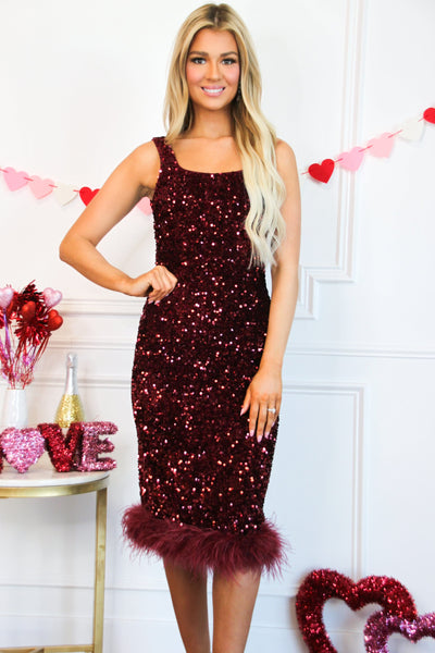 Good Feeling Feather Sequin Midi Dress: Burgundy - Bella and Bloom Boutique