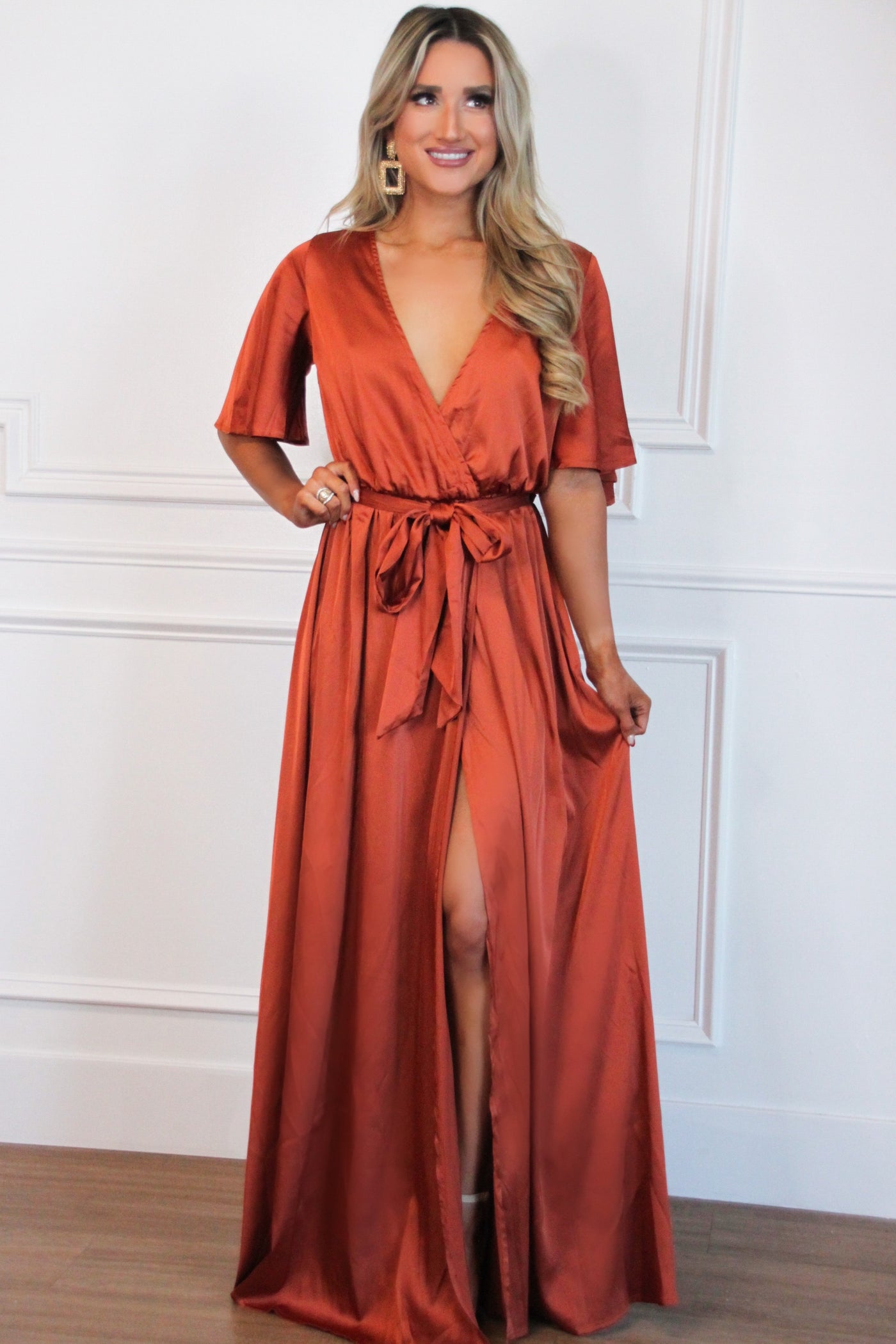 Raleigh Satin Maxi Dress: Rust - Bella and Bloom Boutique