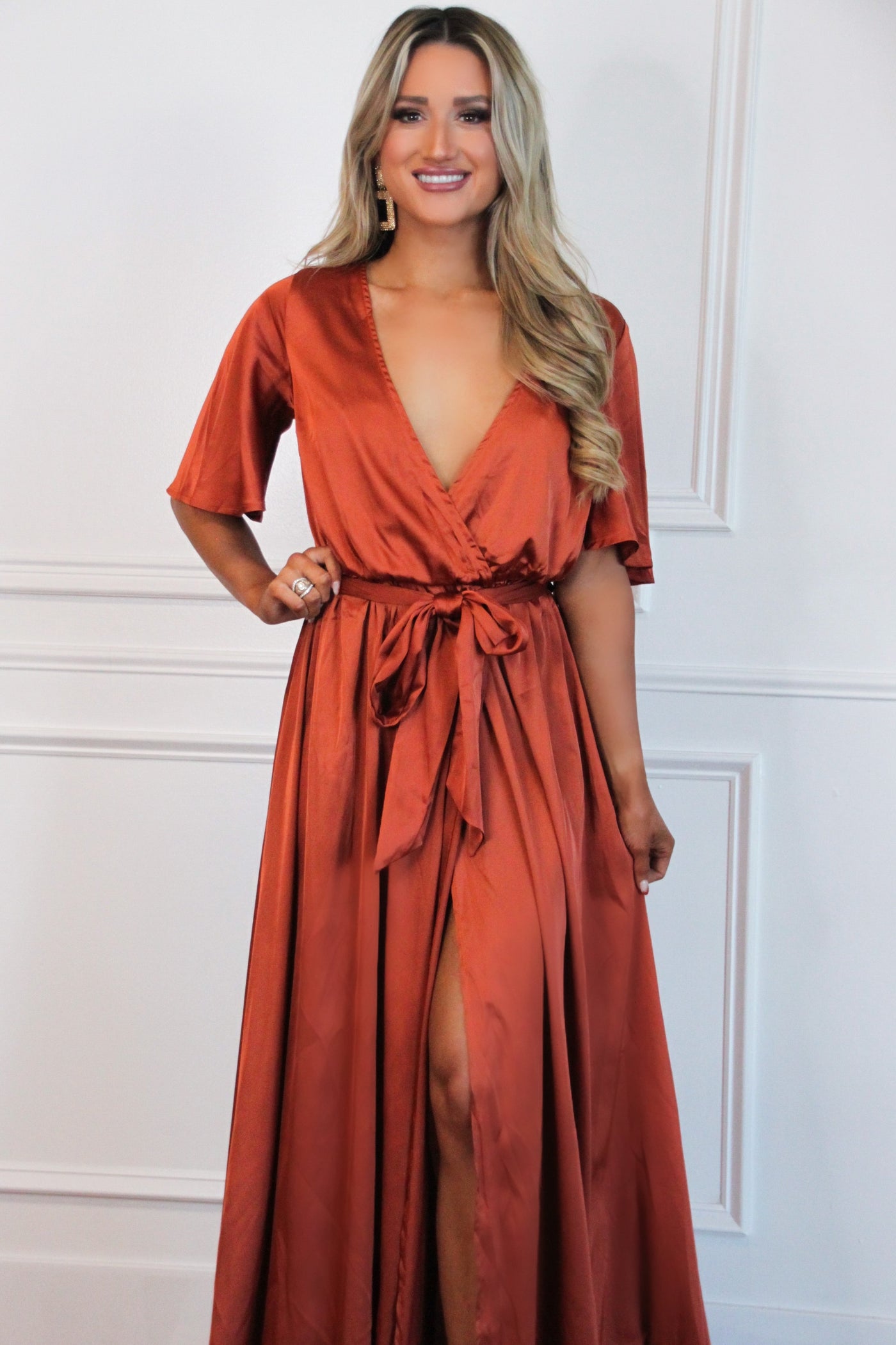 Raleigh Satin Maxi Dress: Rust - Bella and Bloom Boutique