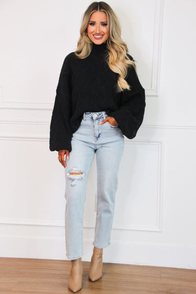 Asher Balloon Sleeve Sweater: Black - Bella and Bloom Boutique
