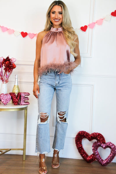 Glamour Girl Satin Feather Top: Dusty Rose - Bella and Bloom Boutique