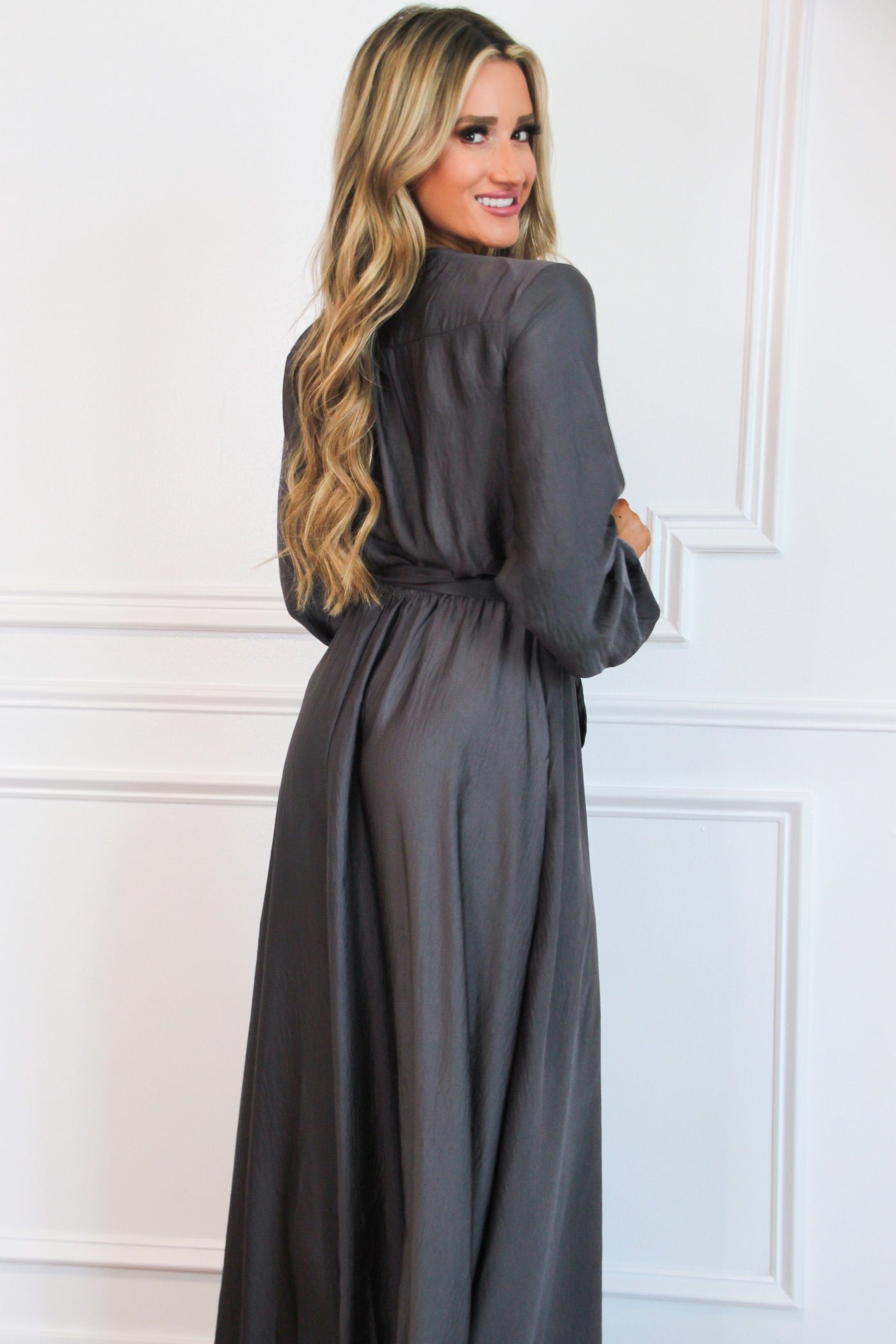 Emery Satin Maxi Dress: Charcoal - Bella and Bloom Boutique