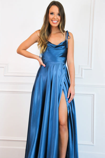 Tonight's the Night Satin Formal Dress: Teal Navy - Bella and Bloom Boutique