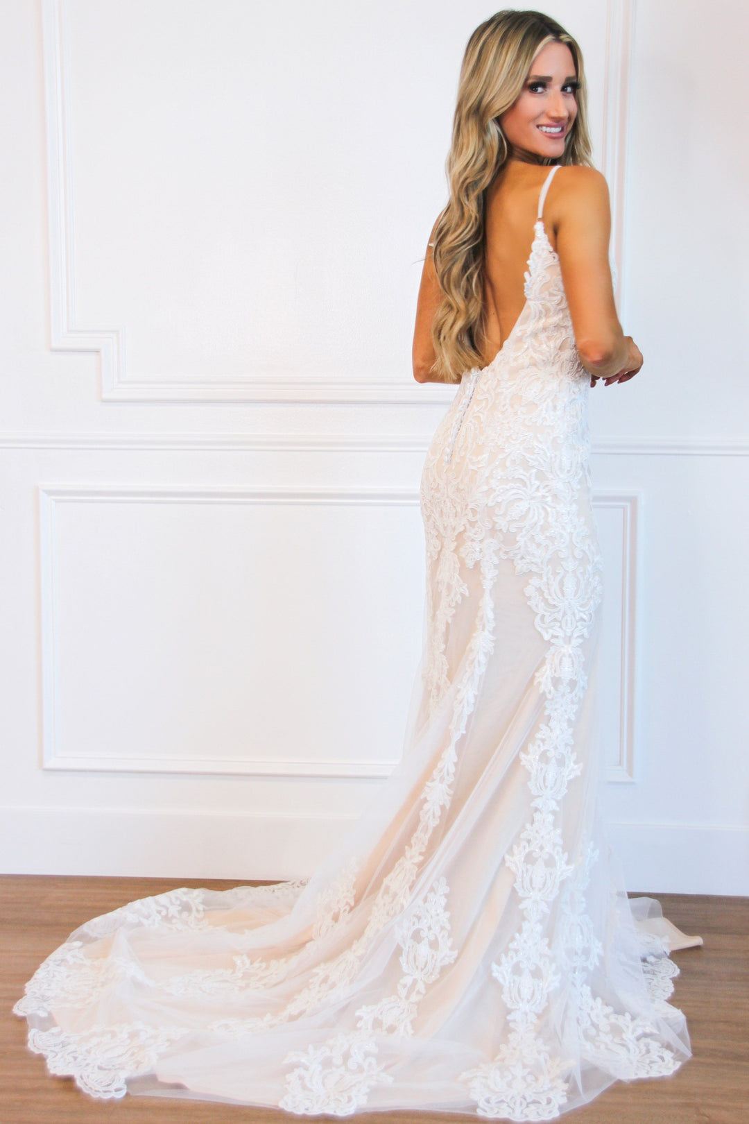 Bella and Bloom Boutique - Love is in the Air Lace Backless Wedding Dress:  Ivory/Champagne