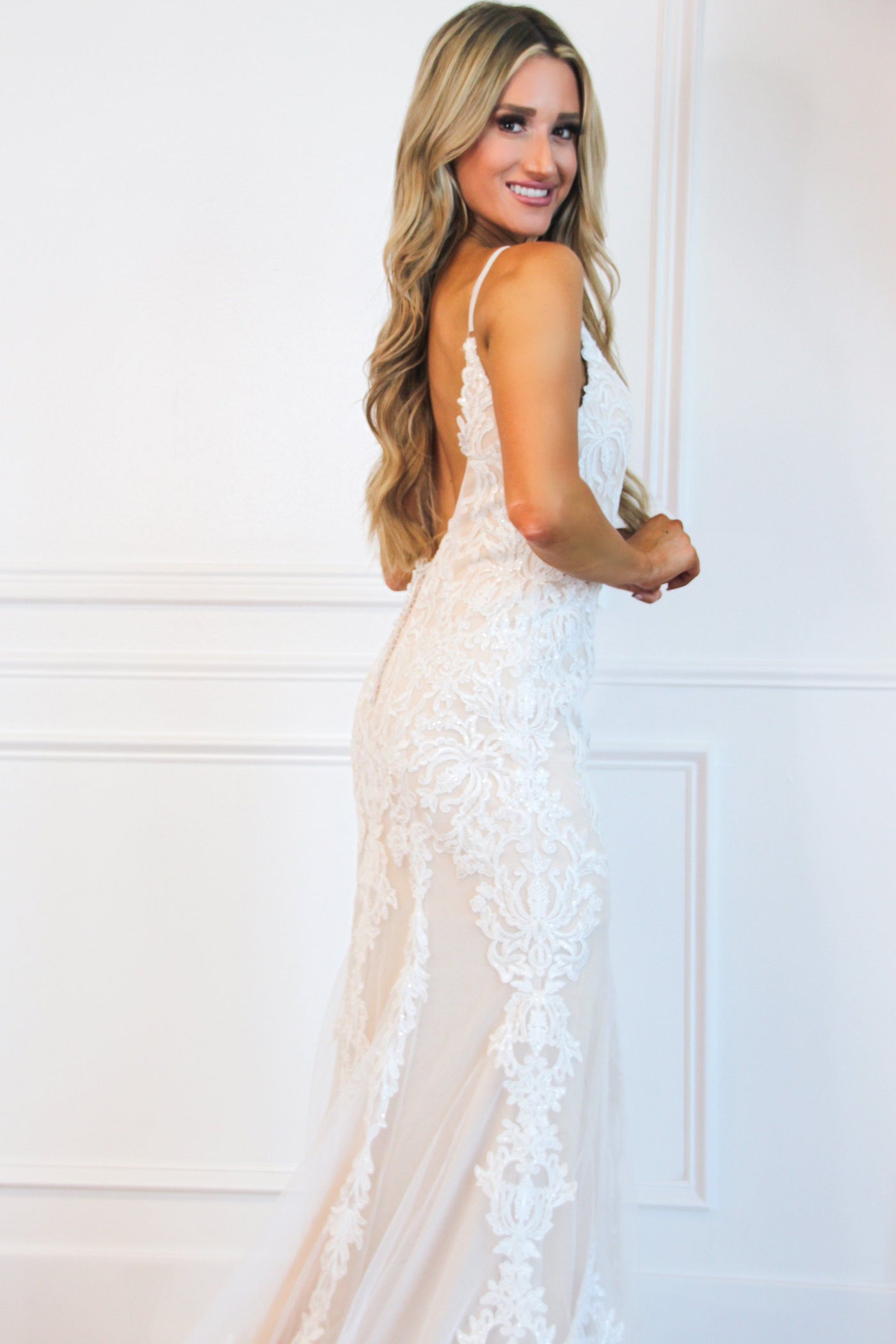 Love is in the Air Lace Backless Wedding Dress: Ivory/Champagne - Bella and Bloom Boutique