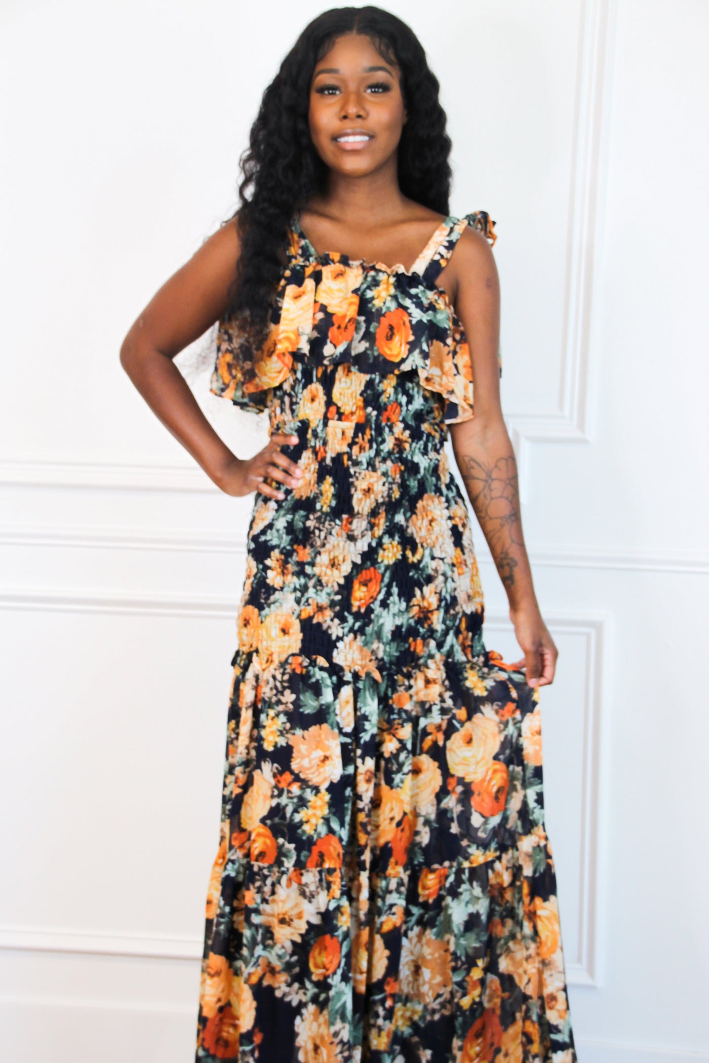 Indica Floral Smocked Maxi Dress: Navy Multi - Bella and Bloom Boutique