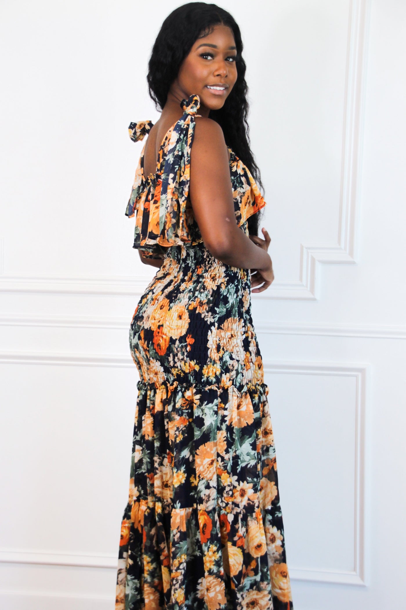 Indica Floral Smocked Maxi Dress: Navy Multi - Bella and Bloom Boutique