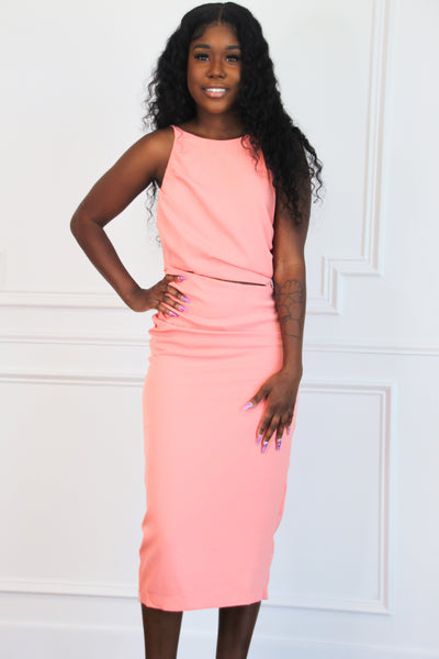 Cut to the Heart Midi Dress: Neon Coral - Bella and Bloom Boutique