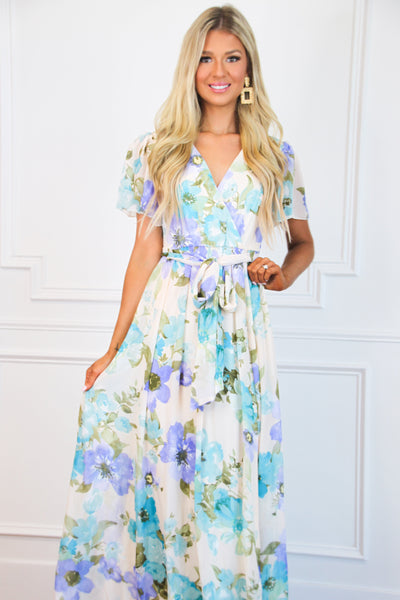 Botanical Beauty Floral Maxi Dress: Cream/Blue Multi - Bella and Bloom Boutique