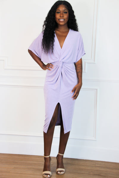 Blakely Knot Midi Dress: Lavender - Bella and Bloom Boutique