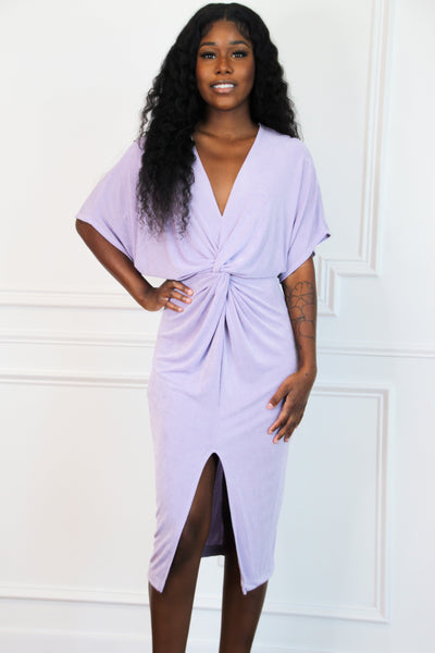 Blakely Knot Midi Dress: Lavender - Bella and Bloom Boutique
