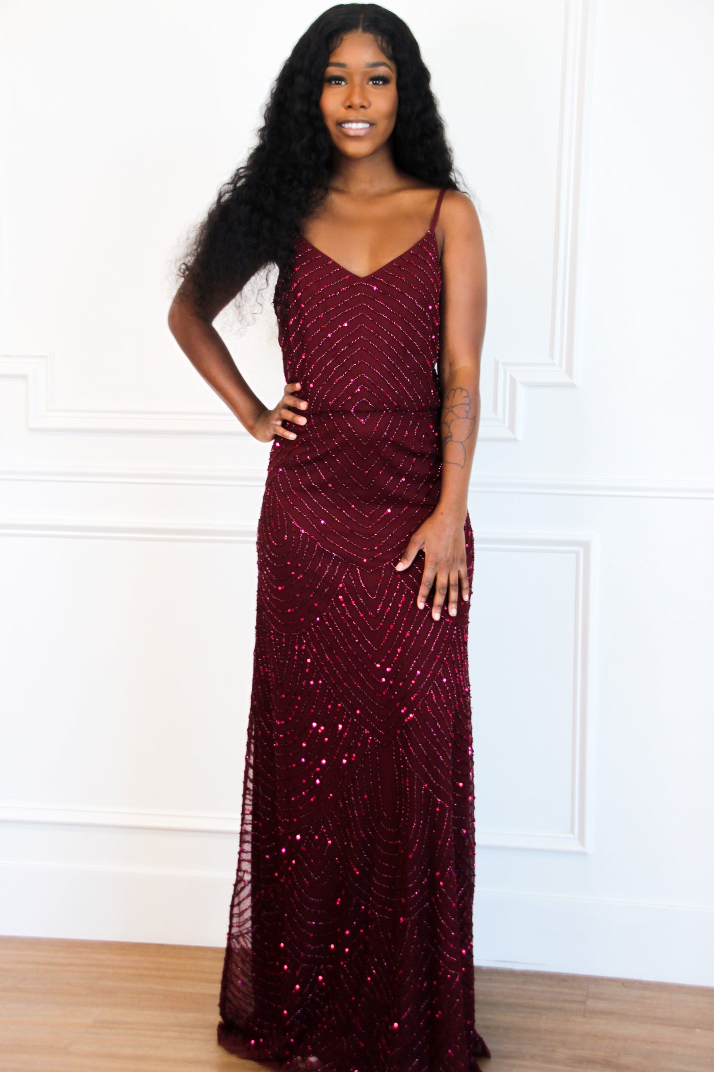 Fall Into You Beaded Formal Dress: BURGUNDY - Bella and Bloom Boutique