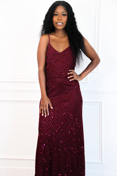 Fall Into You Beaded Formal Dress: BURGUNDY - Bella and Bloom Boutique